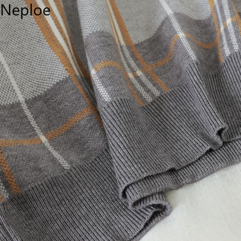 Neploe Chic Conjuntos Mujer, вязаный свитер в клетку с круглым вырезом+ Однотонная юбка с высокой талией, вязаный комплект из 2 предметов для женщин, Осень-зима 47920