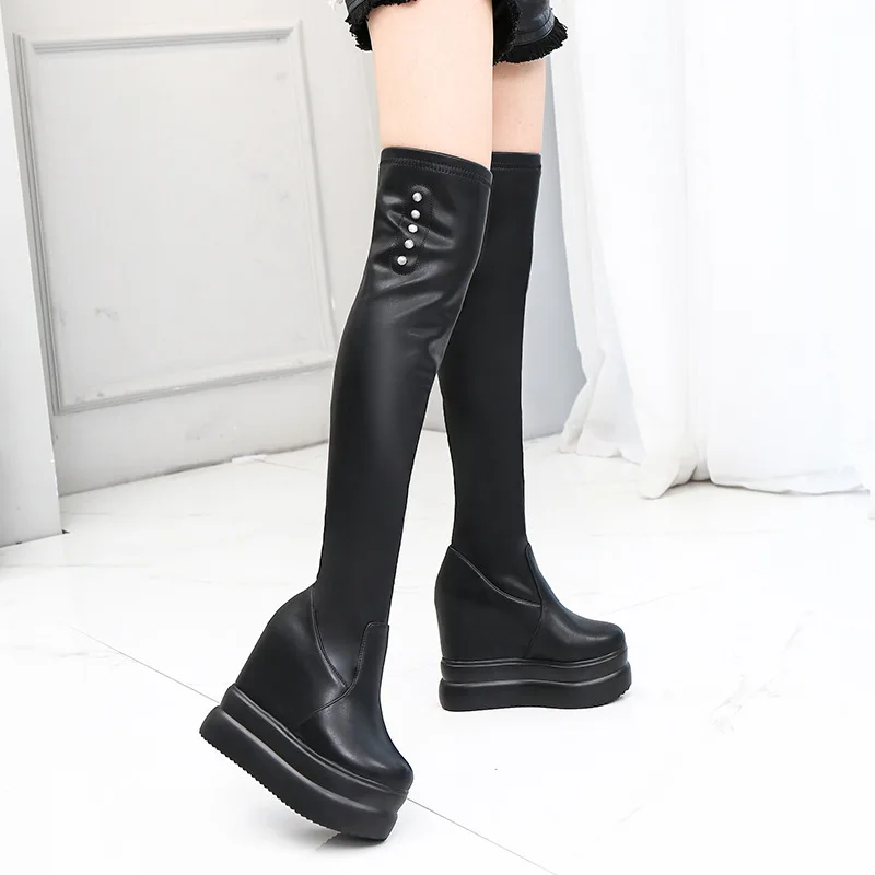 Thick Bottom Within Increase Long Boots 13Cm Wedges Over-the-Knee Boots Personality Rivet Stretch High Boots Sexy Women's Boots