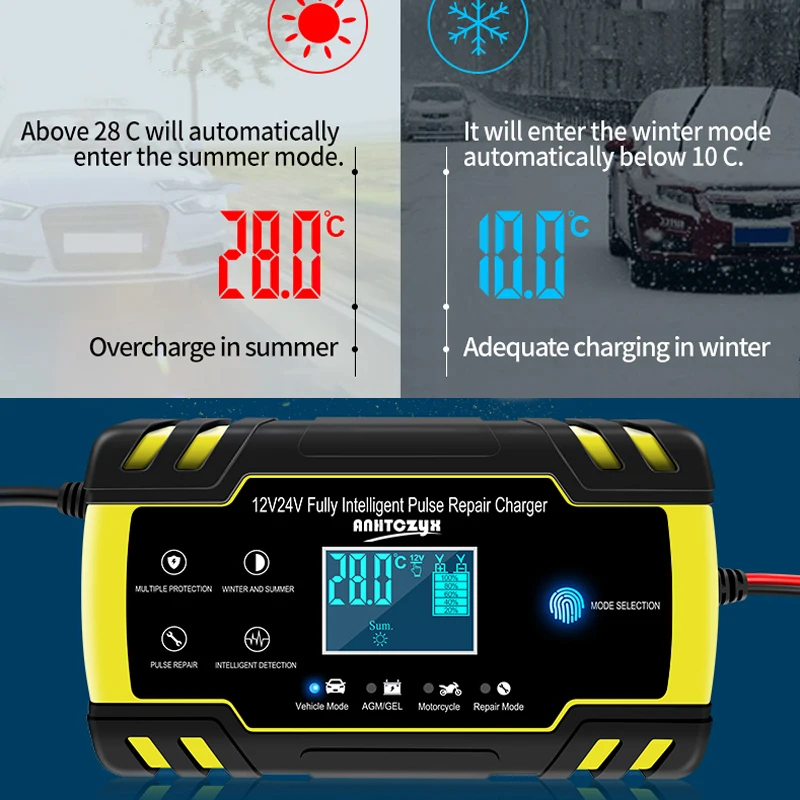 12 V-24 V 8A полностью автоматическое автомобильное зарядное устройство для ремонта импульсов зарядное устройство s влажная сухая свинцово-кислотная батарея зарядное устройство s цифровой ЖК-дисплей