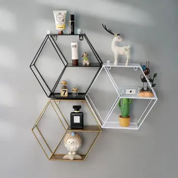 

Nordic Metal Decorative Shelf Round Hexagon Storage Holder Shelves Home Wall Decoration Potted Ornament Stand Rack