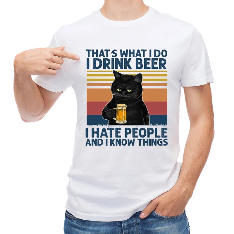 TEEHUB Hot Vintage Cat Men T Shirt Drink Coffee Hate People Know Things Printed T-shirt Short Sleeve Casual Tops Boy Tees | Мужская