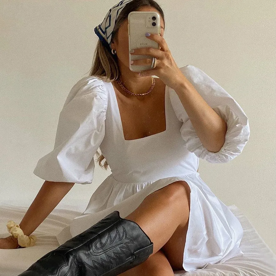 NEDEINS Women Summer Dress Summer Fashion White Elegant Puff Sleeve Backless Party Beach Dress Vacation Casual Mini Dress NEDEINS Women Summer Dress Summer Fashion White Elegant Puff Sleeve Backless Party Beach Dress Vacation Casual Mini Dress