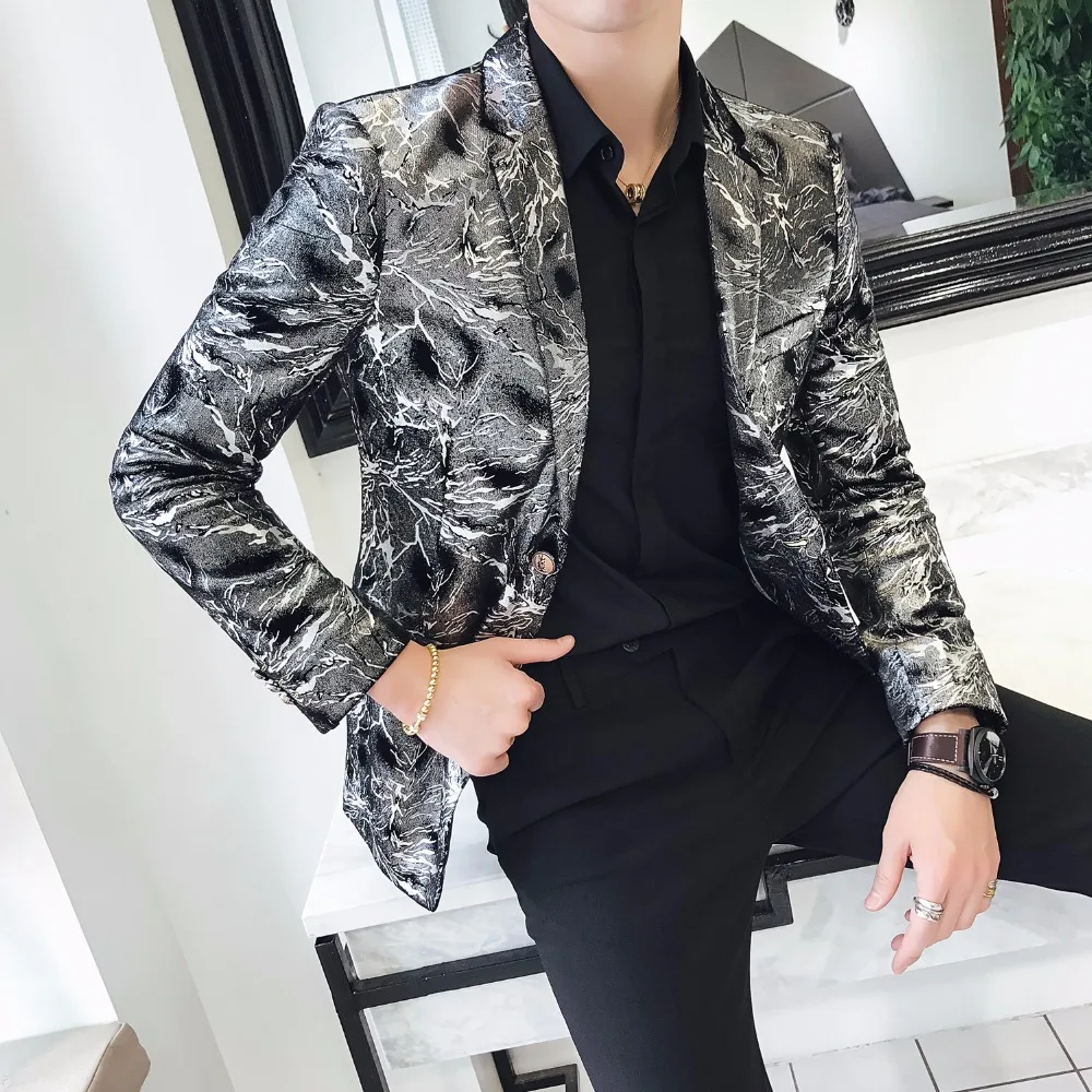 

Americana Hombre Blazer Masculino Slim Fit Silver Printed Blazers Mens Stage Wear Smart Casual Club Outfits Vetement Homme 2018