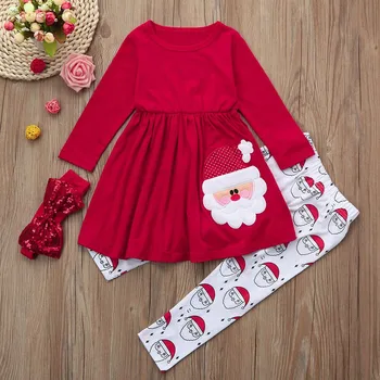 

Cute 3PCS Christmas Children Kids Baby Girls Cartoon Santa Dress+Pants+Headbands Set