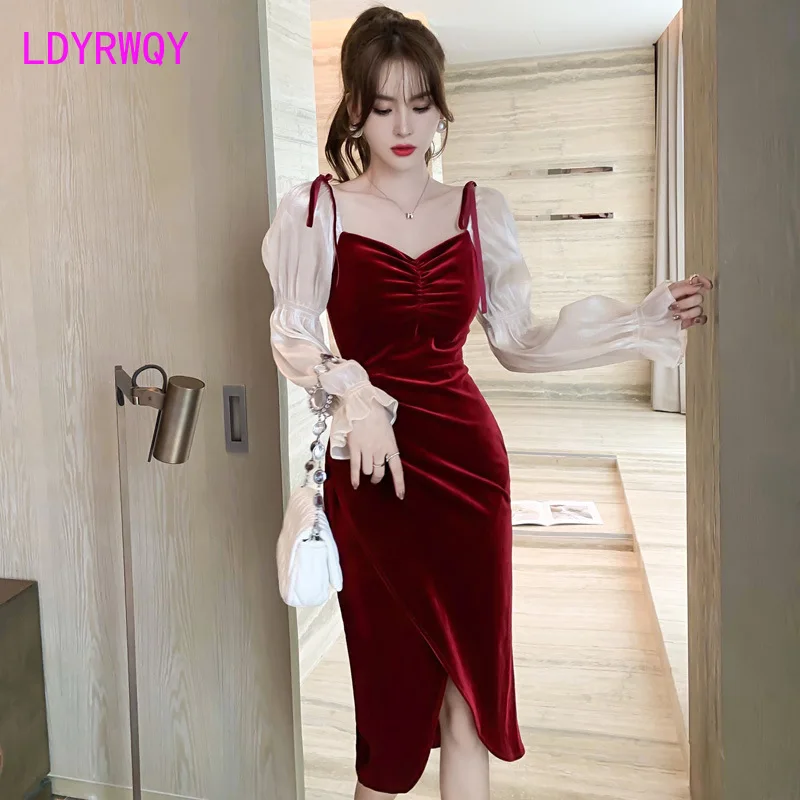

Red gold velvet dress 2020 autumn/winter new temperament Hepburn style Office Lady Polyester Sheath Solid
