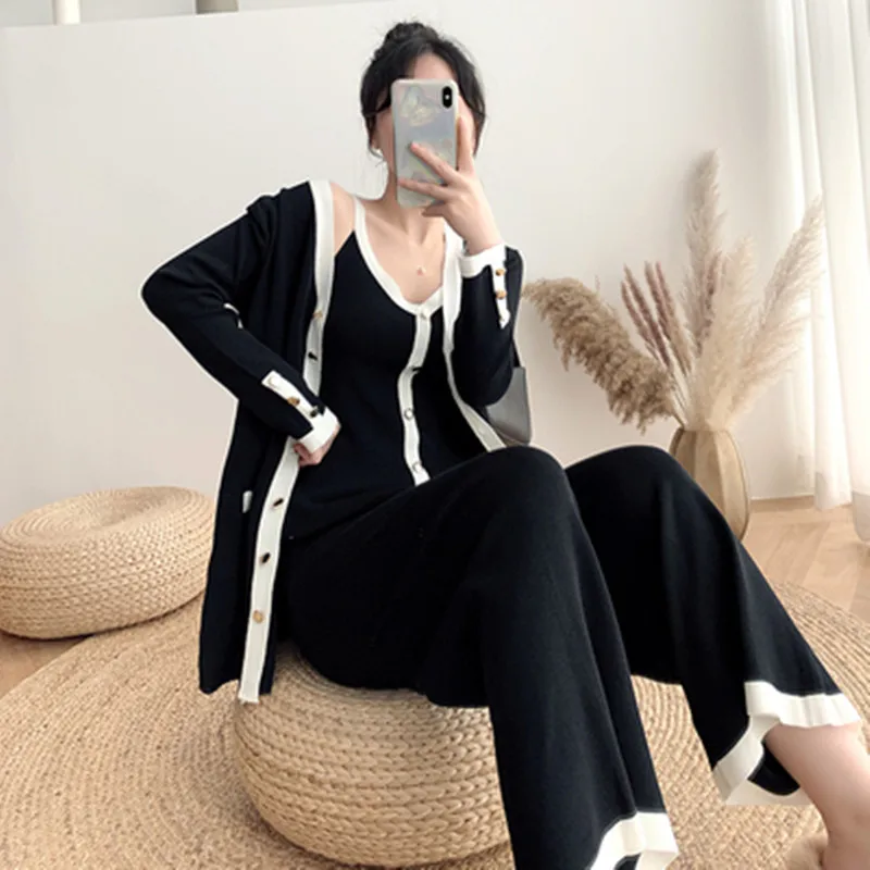 

Elegant Women Vintage 3 Piece Set Korean Knitted Long Cardigan Coat + V-neck Single-breasted Vest+Elastic Force High Waist Pants