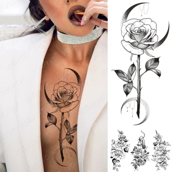 

Waterproof Temporary Tattoo Sticker Rose Flower Moon Pearl Chain Flash Tattoo Female Black Sexy Body Art Chest Fake Tattoo Male