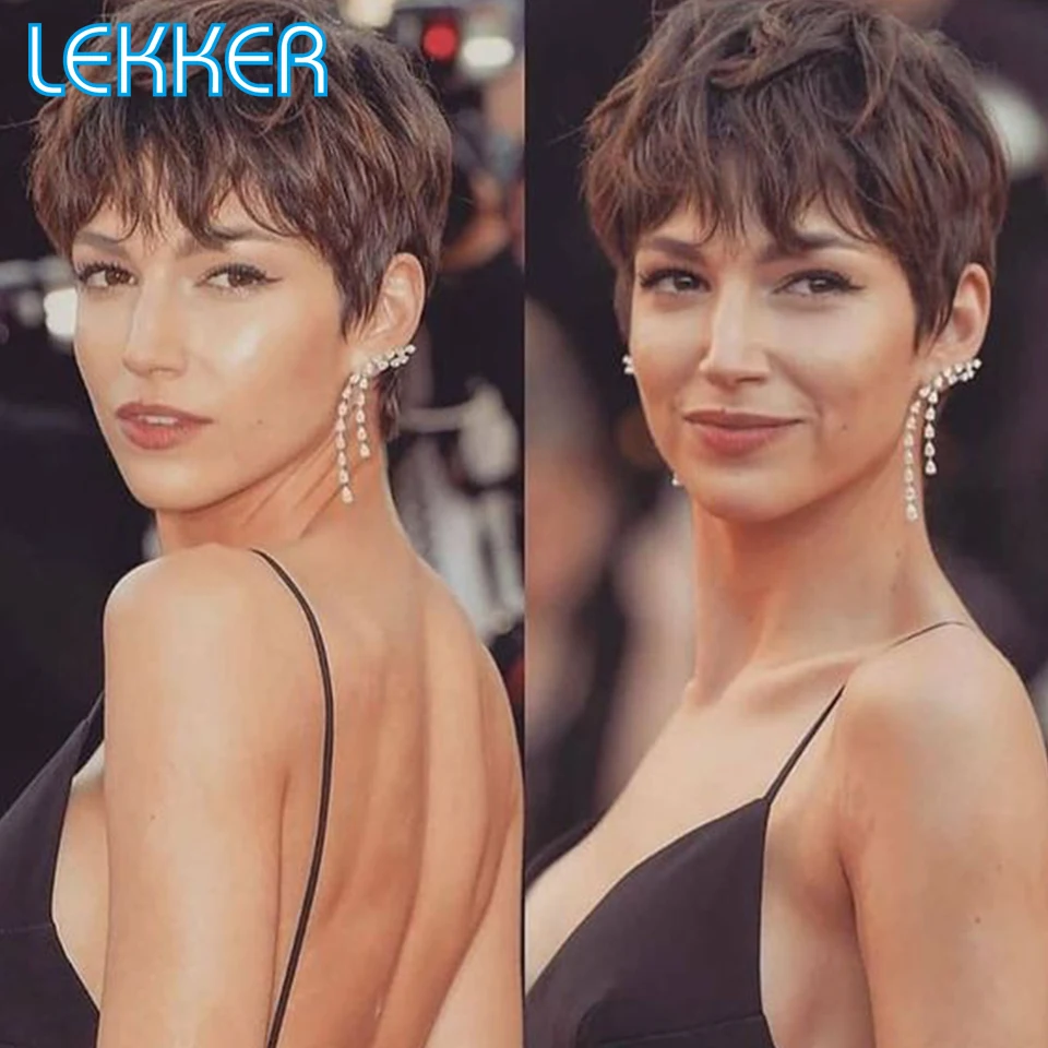 Lekker Short Straight Pixie Bob Human Hair Wig With Bangs For Women Colored Brazilian Remy Natural Hair Ombre Brown Burg Red Wig human hair wigs