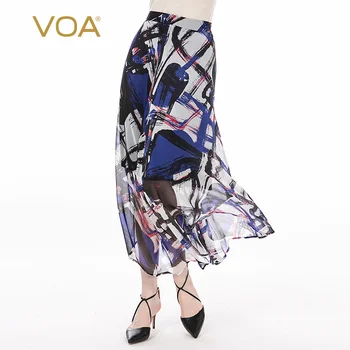 

VOA Abstract Printing and Dyeing Silk Natural Waist Light Micro Transparent Casual Elegant Summer New Umbrella Skirt CR07