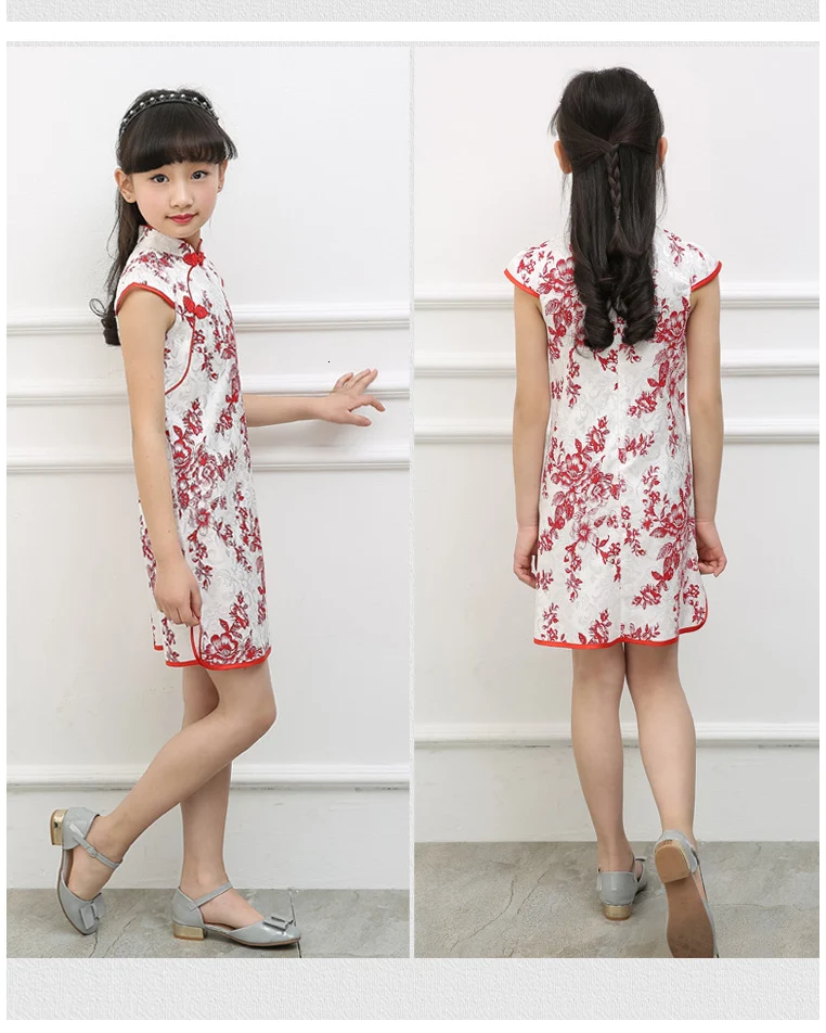 Элегантное платье Ципао для девочек, Vestidos Cheongsam, детская одежда, винтажная детская одежда с цветочным принтом, летние платья для маленьких