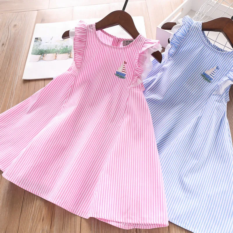 Sailing Striped Wooden Ear Girl's Dresses Children's Clothing Wholesale Kids Frocks | Детская одежда и обувь