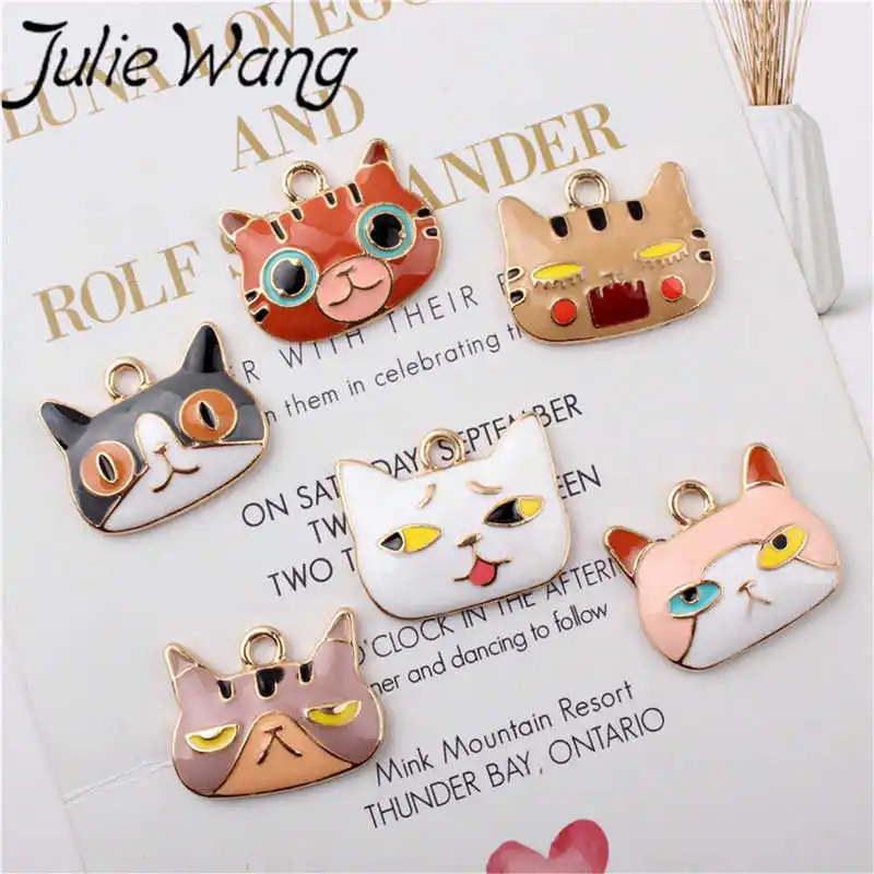 Julie Wang 5 шт. эмалированный мультяшный Кот Шарм Сплав голова животного золотой тон