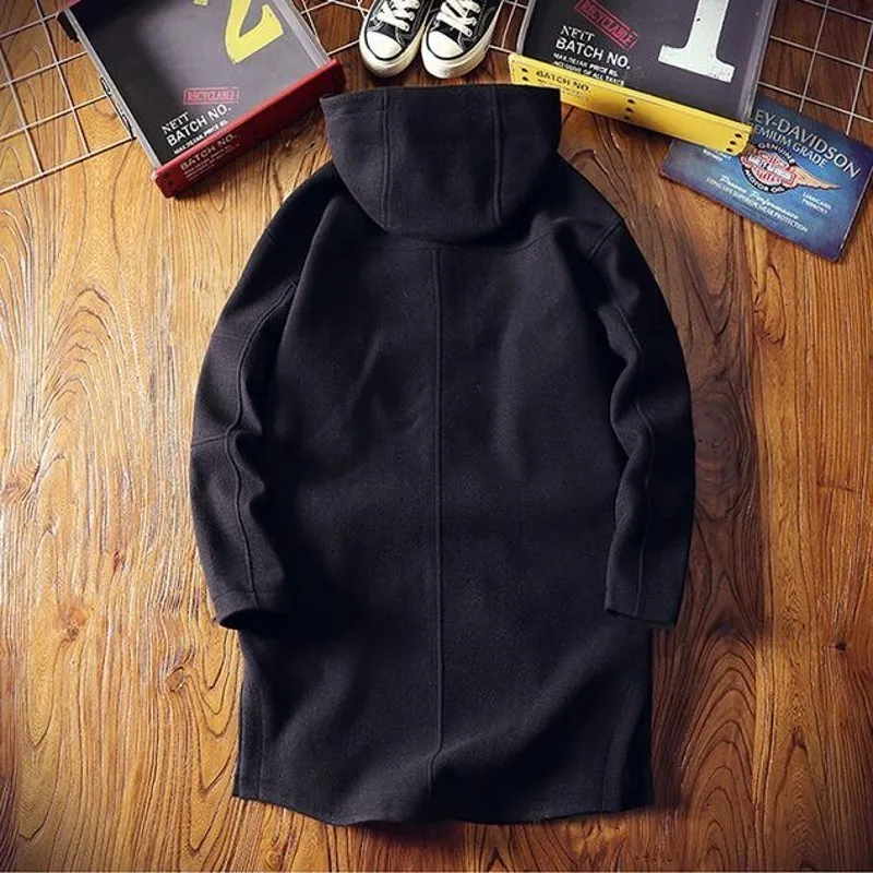 

Korean Fashion Medium Length Hooded Mens Trench Coats Winter Long Sleeve Loose Fit Casual Male Outerwear Overcoats Plus Size 5XL