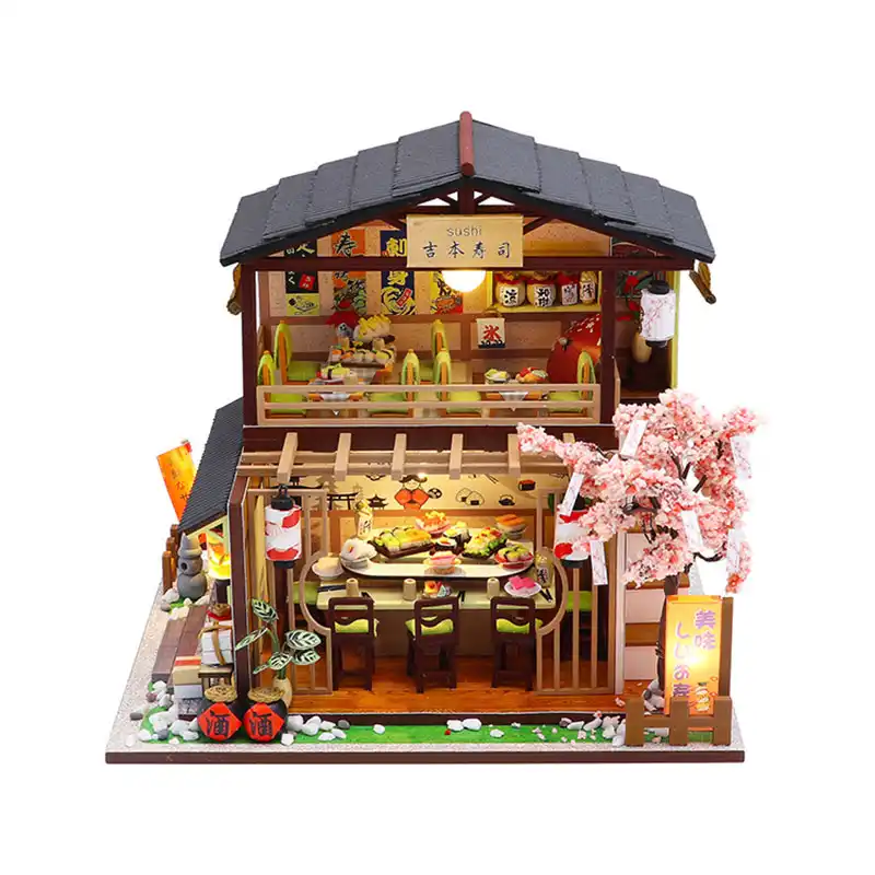 NXACETN Holz Puppenhausm/öbel Set Babyzimmer Miniaturmodelle DIY zusammengebautes Spielzeug mit Stuhlbett Kinderwagen Familienpuppen Wohnkultur Puppenhauszubeh/ör