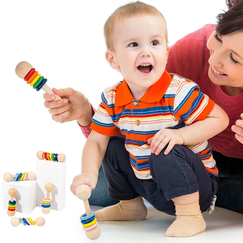 

Baby Rattle Teether Toys Beech rainbow Wooden Rattle music Teething Rodent Ring Silicone Beads Musical Chew Play Montessori Toy