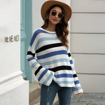 

Foridol flare long sleeve stripe sweater pullover female autumn winter oversized blue chic jumpers casual office knitted tops