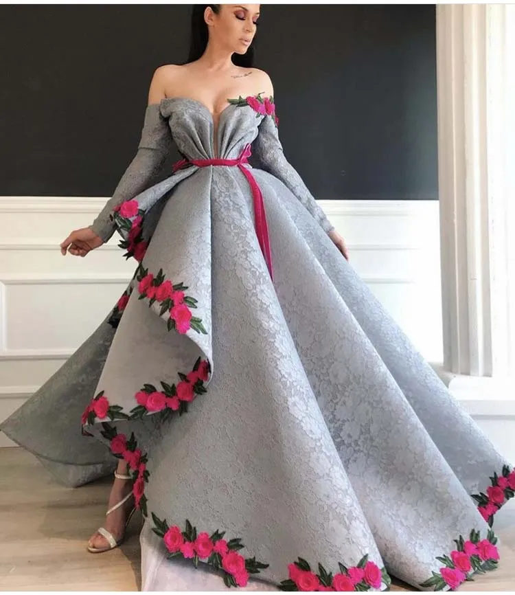 silver off the shoulder prom dress