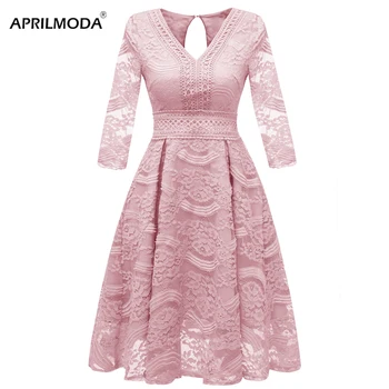 

3/4 Sleeve Women Lace Runway Chic Dress 2019 New Arrival Hollowed Out V Neck Elegant Pleated Slim A-line Women's Party Dresses