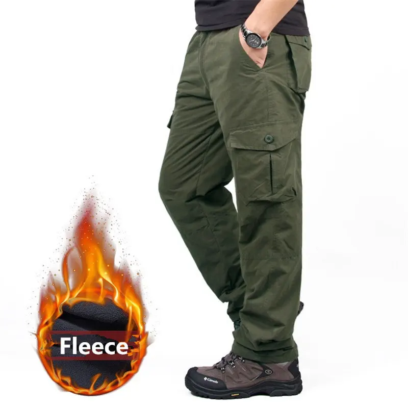 Men's Cargo Fleece Pants Double Layer Winter Thick Warm Pants Overalls Casual Cotton Rip-Stop Military Tactical Baggy Trousers - Цвет: Army Green-2