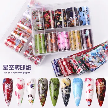 

10Pcs Christmas Nail Foil Set Transparent AB Color Nail Art Transfer Sticker 4*100cm Manicure DIY Colorful Decals Decoration