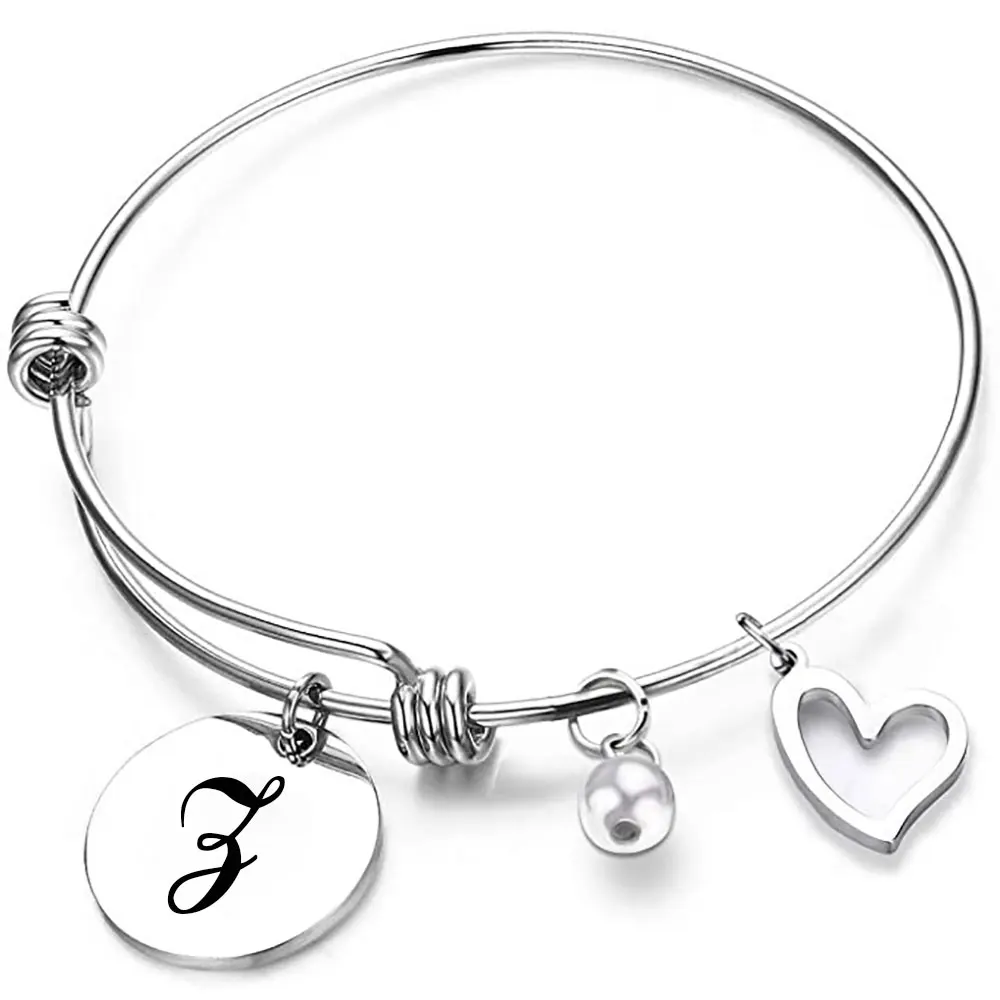 Silver Bracelet Initial Charm  Stainless Steel Alphabet Bracelet