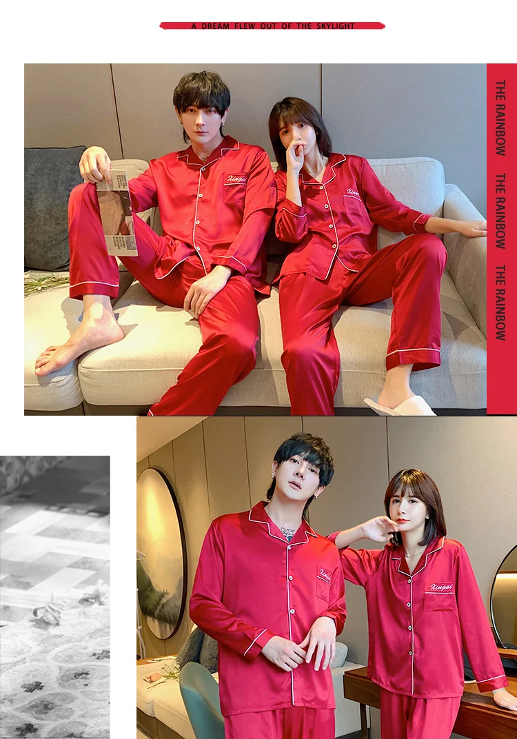 New Hot Couple Pajamas for Lovers Spring and Autumn Long-sleeved Couple Pajamas Women Cute Thin Ice Silk Men's Silk Home Service mens silk pajamas