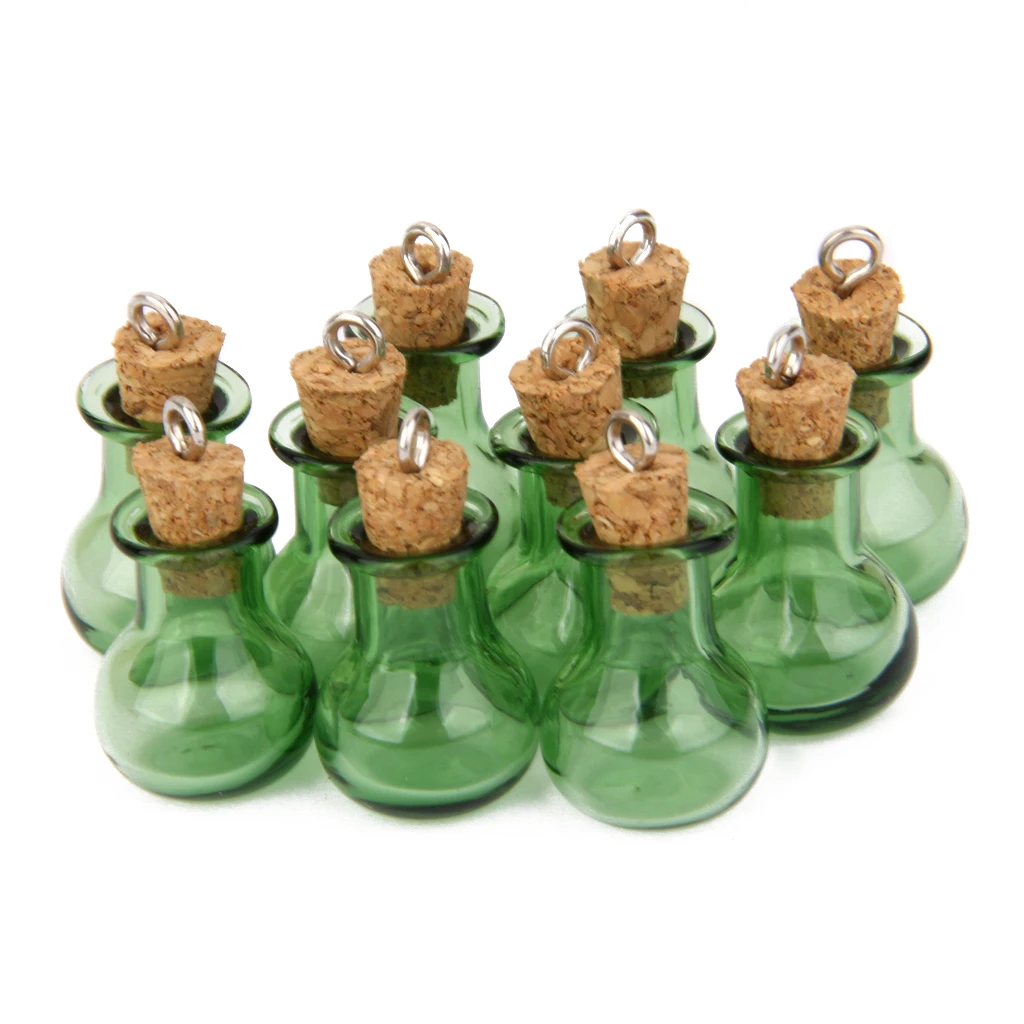 10 Glass Cork Flat Base Jars Vial Wishing Bottle w/ Loop DIY Pendants Green Fashion Lucky Decorations
