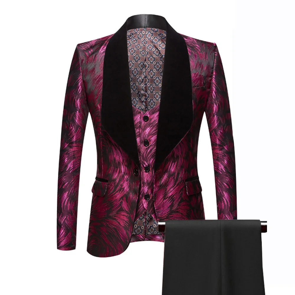 Elegant Floral Printed Wine Red Suits Mens 3pcs Slim Fit Prom Wedding