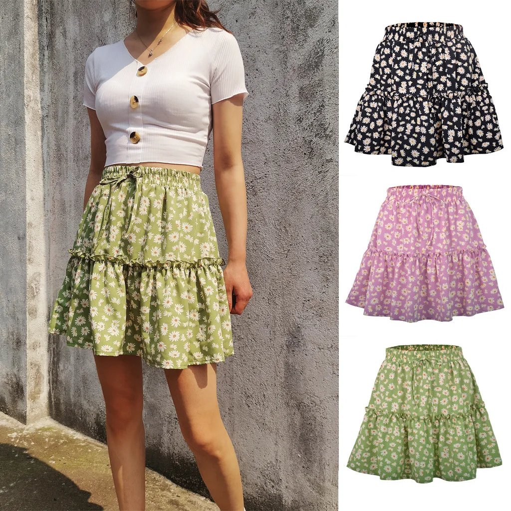 

Sexy Women Fashion High Waist Frills Skirt for Women Broken Flower Half-length Skirt Printed Beach A Short Mini Skirts New 2020