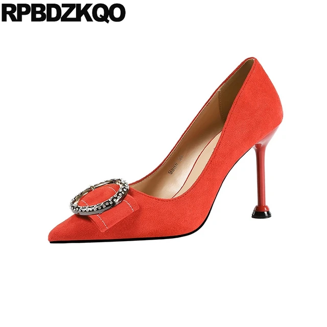 Insignia seguro Preguntar Zapatos de tacón alto con diamantes de imitación para mujer, calzado de  tacón fino con punta puntiaguda, de ante y cristal, stilettos, color rojo  10 42, talla grande 33, barato - AliExpress