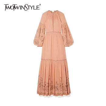 

TWOTWINSTYLE Elegant Print Summer Dress Women O Neck Lantern Long Sleeve High Waist Ruched Hit Color Dresses For Female Fashion