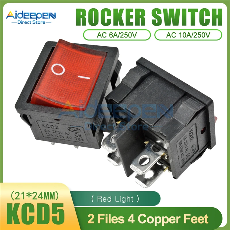 KCD5 Rocker Switch 21x24mm AC 15A/250V 6A/250V 2 Files 4 Copper Feet/3 Files 6 Copper Feet Toggle Switch With LED Light