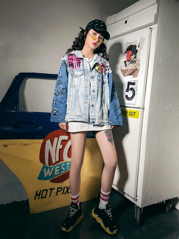 2919 новые осенние модные женские джинсовые куртки Harajuku граффити печати Изношенные с длинными рукавами джинсовая куртка девушки подростковые джинсы пальто
