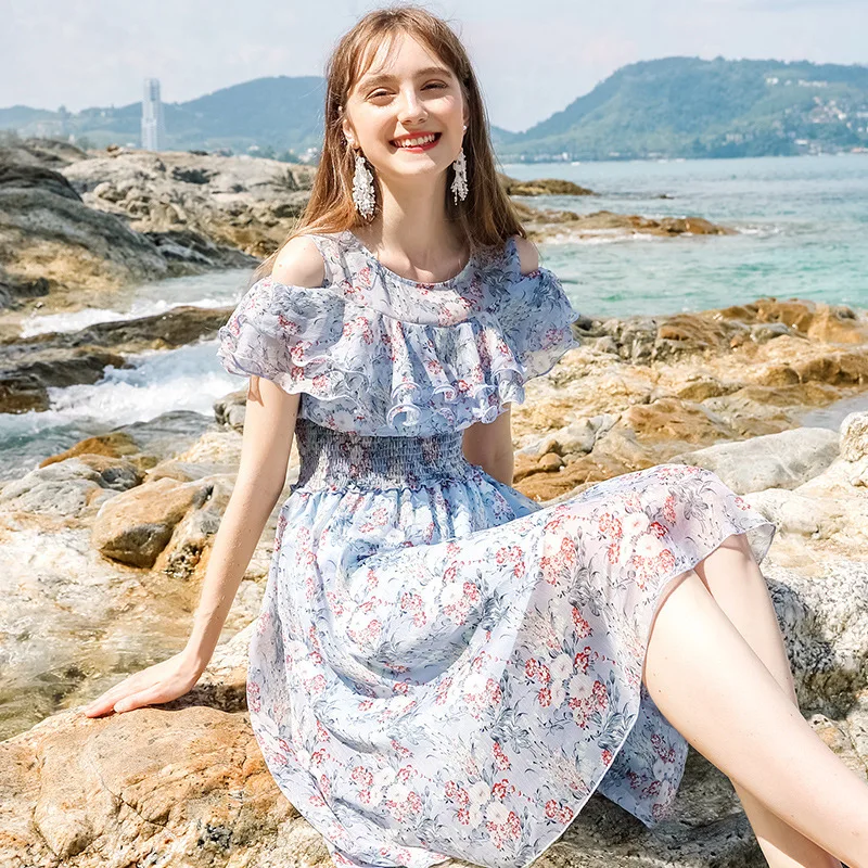 

Летнее шифоновое платье, женское платье миди, элегантные женские Платья с цветочным принтом для вечерние, синие пляжные платья, летние платья 2020 LWL1642