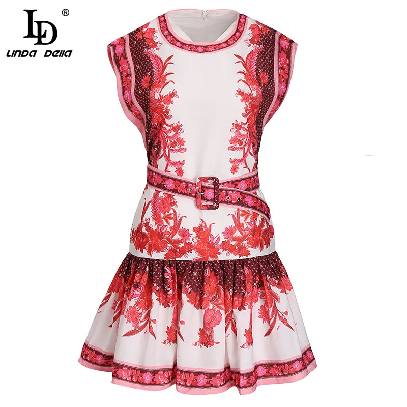 

LD LINDA DELLA Summer Fashion Runway Designer Dress Women Short sleeve Ruffles Sashes Print A-Line Vintage Mini Dress Vestoidos