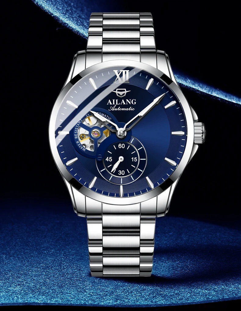 AILANG 2024 Fashion Blue Mechanical Watch For Men Stainless Steel Mens Watches Top Brand Luxury Automatic Skeleton Wristwatches_voghion.com