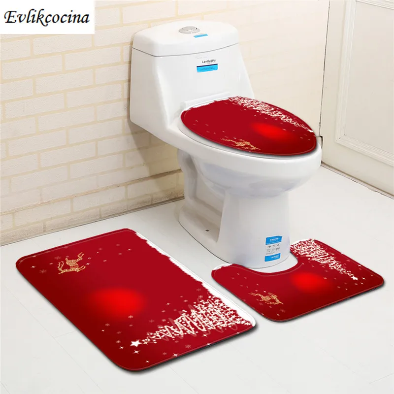 Free Shipping 3 Pcs White Christmas Tree Red Bath Mats Anti Slip Bath Mats Anti Slip
