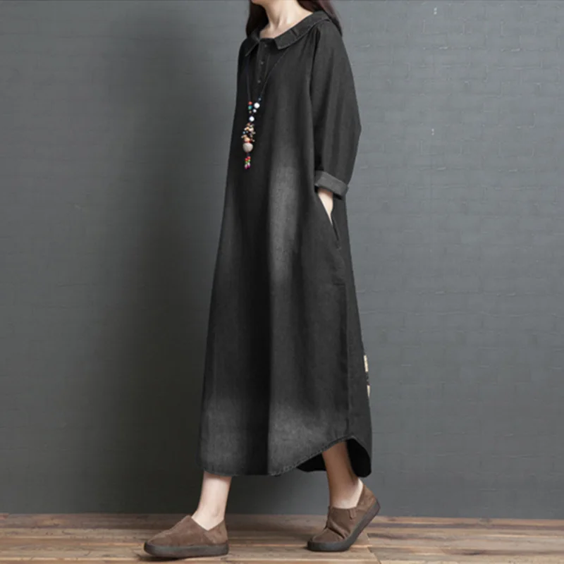 Spring New Denim Long Dress 2021 Loose Turn-down collar Long Sleeve Cotton Blue Dress