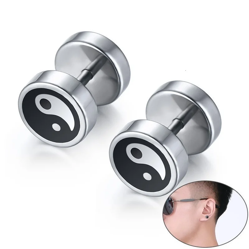 Vnox Chinese Yin and Yang Stud Earrings for Men Jewelry Stainless Steel