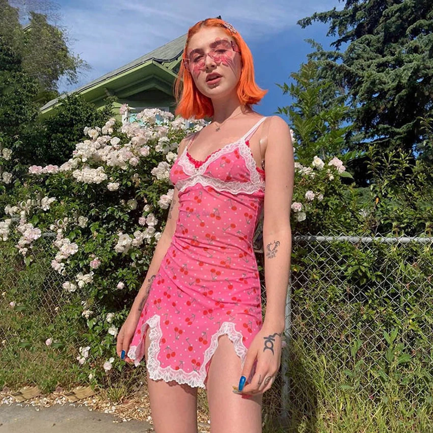 

Summer Sleeveless Sling Fruit Print Hem Slit Women's Dress Sexy Halter Fashion Short Mini Woman Dress 2020 New Wild Woman Cloth