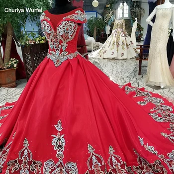 

LS65440 color flower red evening dress o-neck cap sleeve lace up back party dress for wedding with long train from china shop
