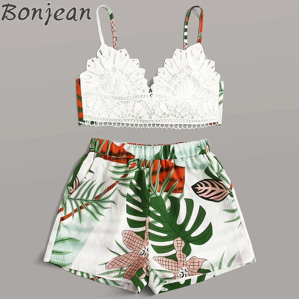 

BONJEAN Summer Women Two Piece Set Tropical Plants Printed Spaghetti Strap Lace Tops Sweatpants Shorts Suit Matching Outfits
