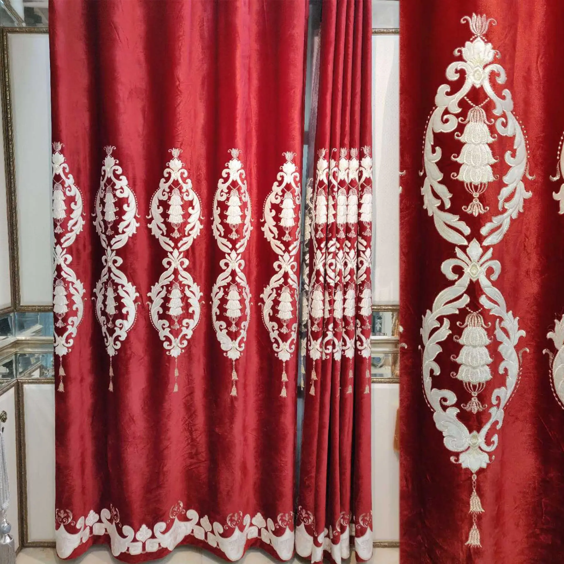 

Custom curtains High grade European shading red thick flannel embroide red bedroom cloth blackout curtain tulle drape M762