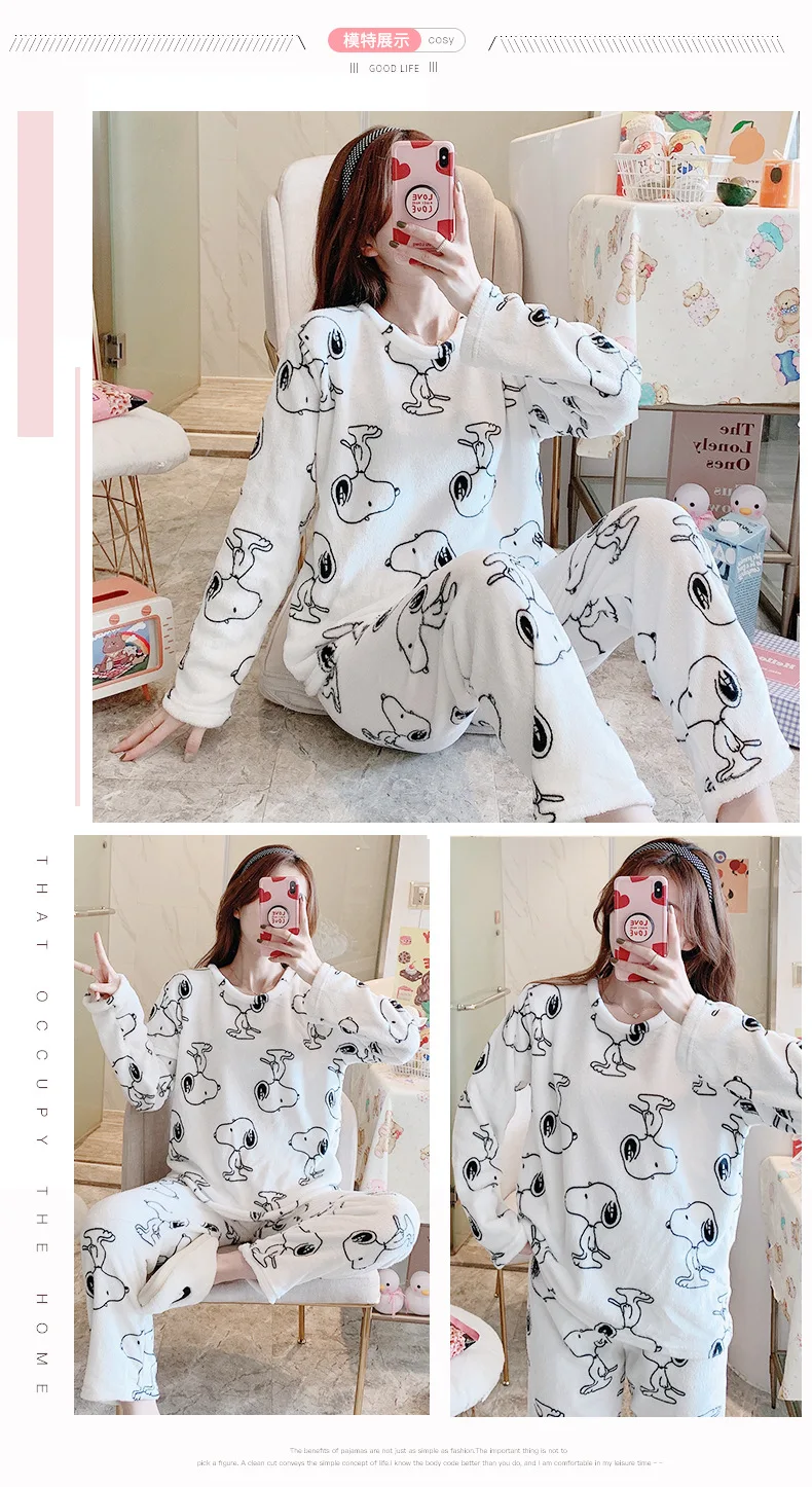 2 piece pajama set women's Autumn Winter Warm Flannel Pyjamas Sets Women Thick Coral Velvet Long Sleeve Cartoon Sleepwear Flannel Pajamas Pijamas Female nightwear set for ladies