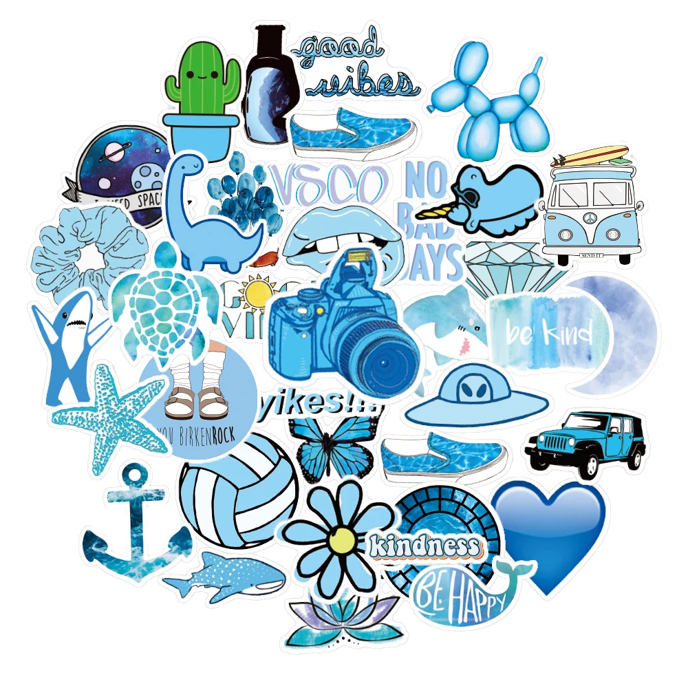 

50Pcs/Set Cartoon Blue Ins Style VSCO Stickers PVC For Travel Waterproof Sticker to DIY Suitcase Laptop Bicycle Stickers Toys
