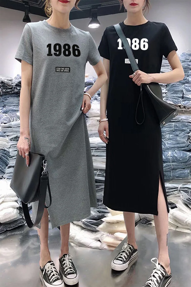 

Summer New Style Mid-length Short Sleeve Blouse Pullover Printed 1986 Dress over-the-Knee Base T-shirt Slit Skirt