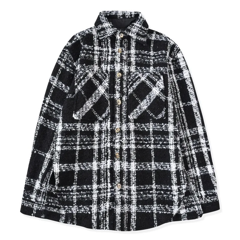 

Hip Hop Black&White Checkered Overshirt Autumn Long Sleeve Tweed Shirt Cropped Tops Streetwear