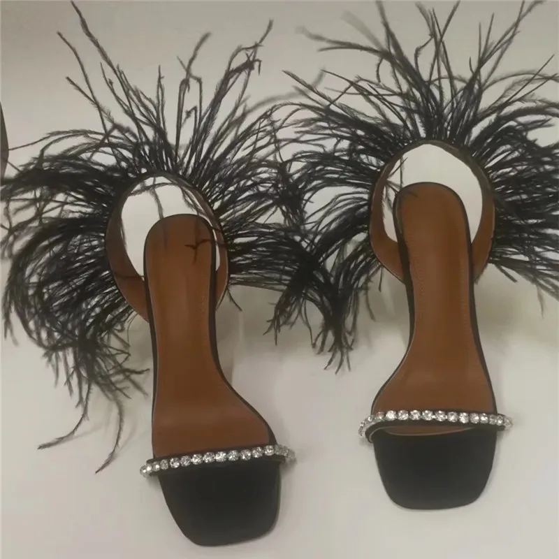 One-Crystal-Strap Sandals Women Thin Strap Decor Black Fur Sexy Sandalias High Stiletto Heel Party Footwear Female Sandals Woman