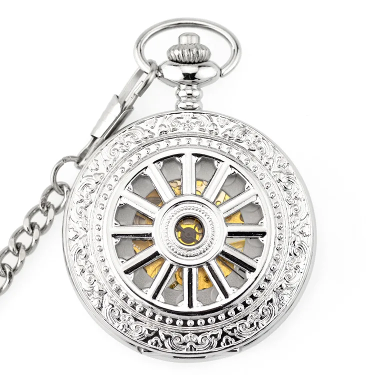 

Stainless Vintage Steampunk Skeleton Mechanical Hand Wind Pocket Watch Chain Clock Classical for Mens