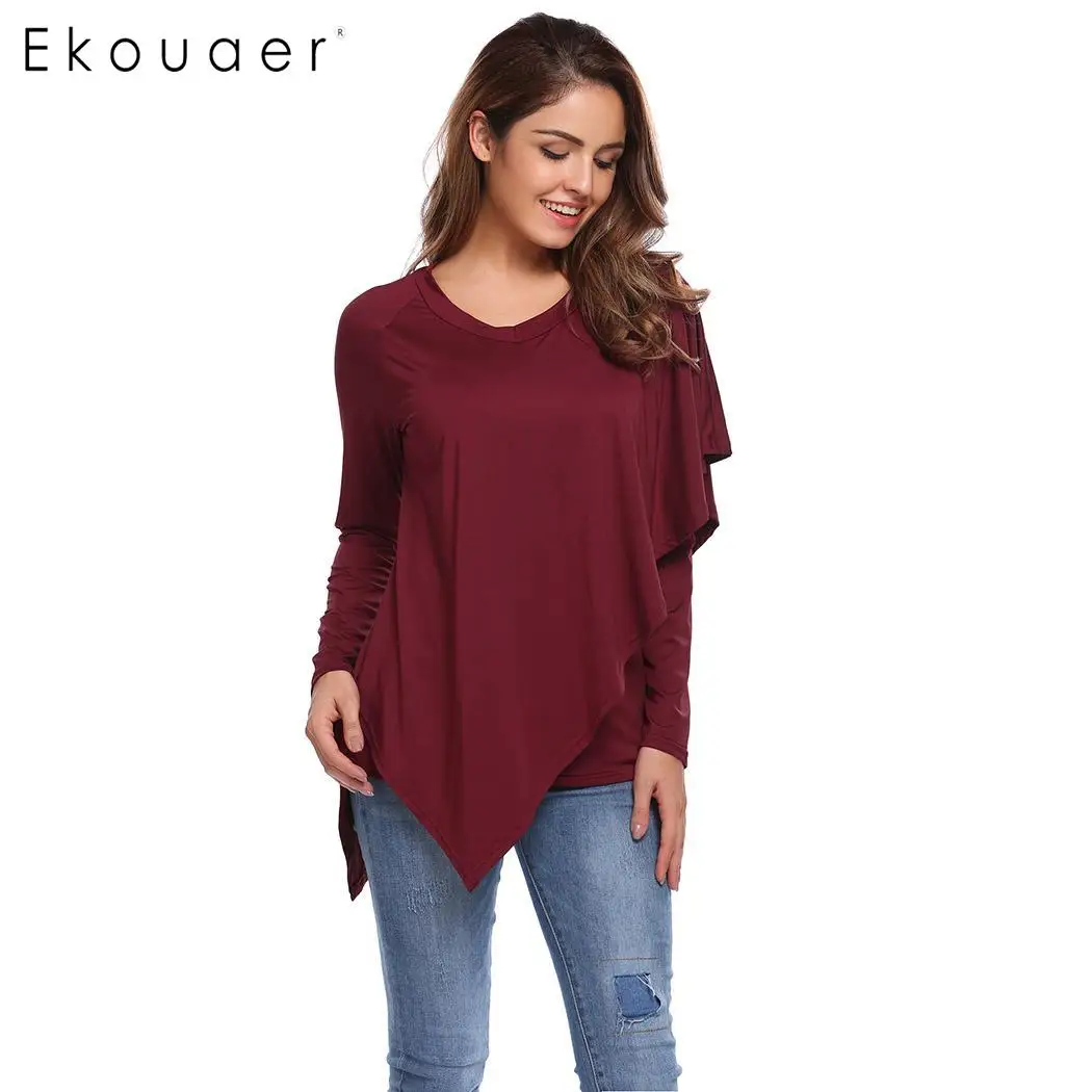 

Ekouaer Women Spring Autumn t shirt Casual Long Sleeve V Neck Solid Ruched Pullover T-Shirt Tops